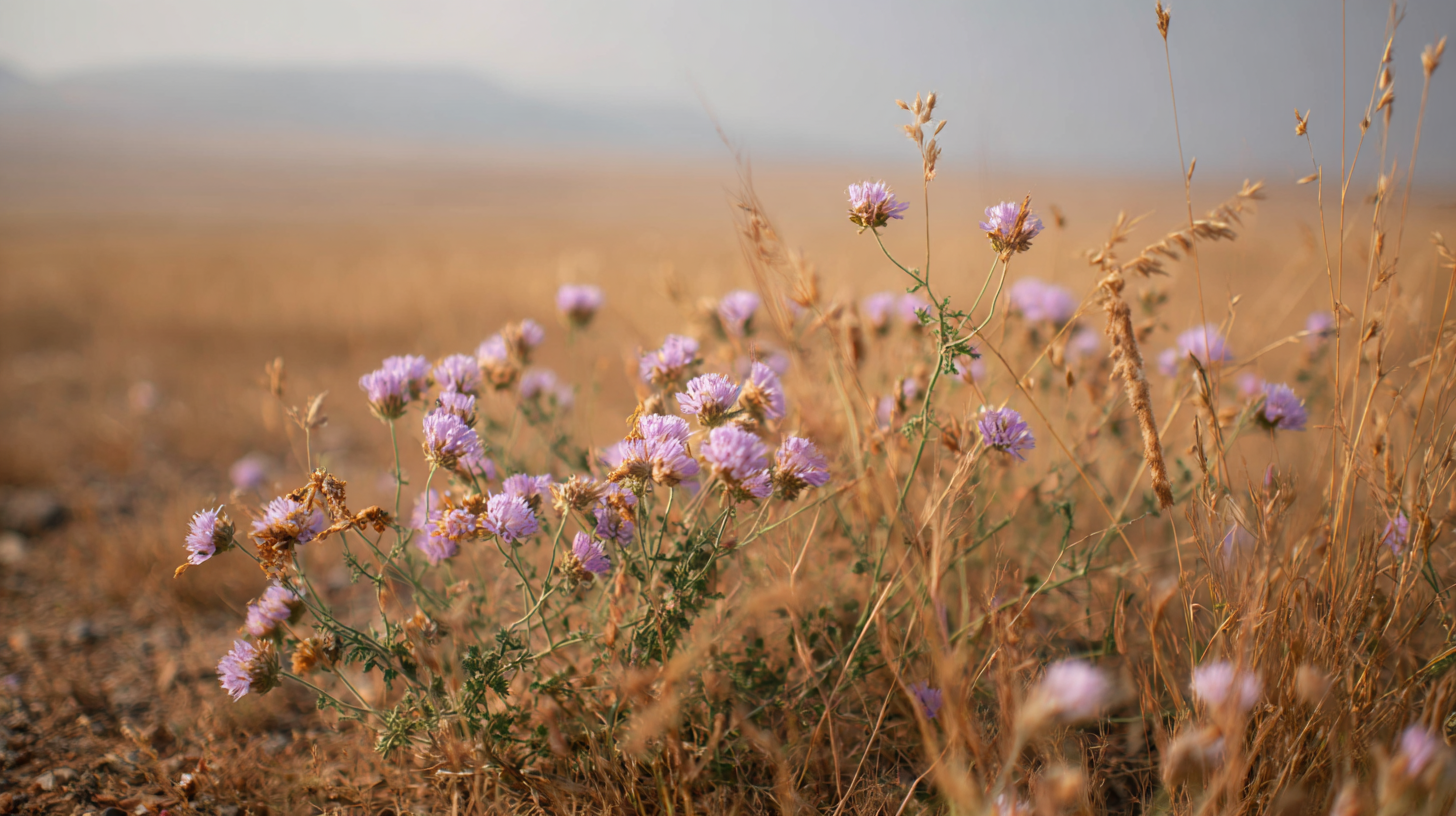 Kazakhstan steppe flowers and grasses with insects in warm spring light.