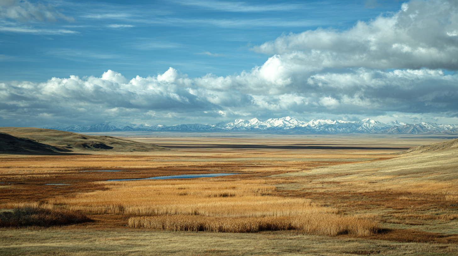 Kazakhstan landscape showing steppe, foothills, wetlands, and distant snow ridge.