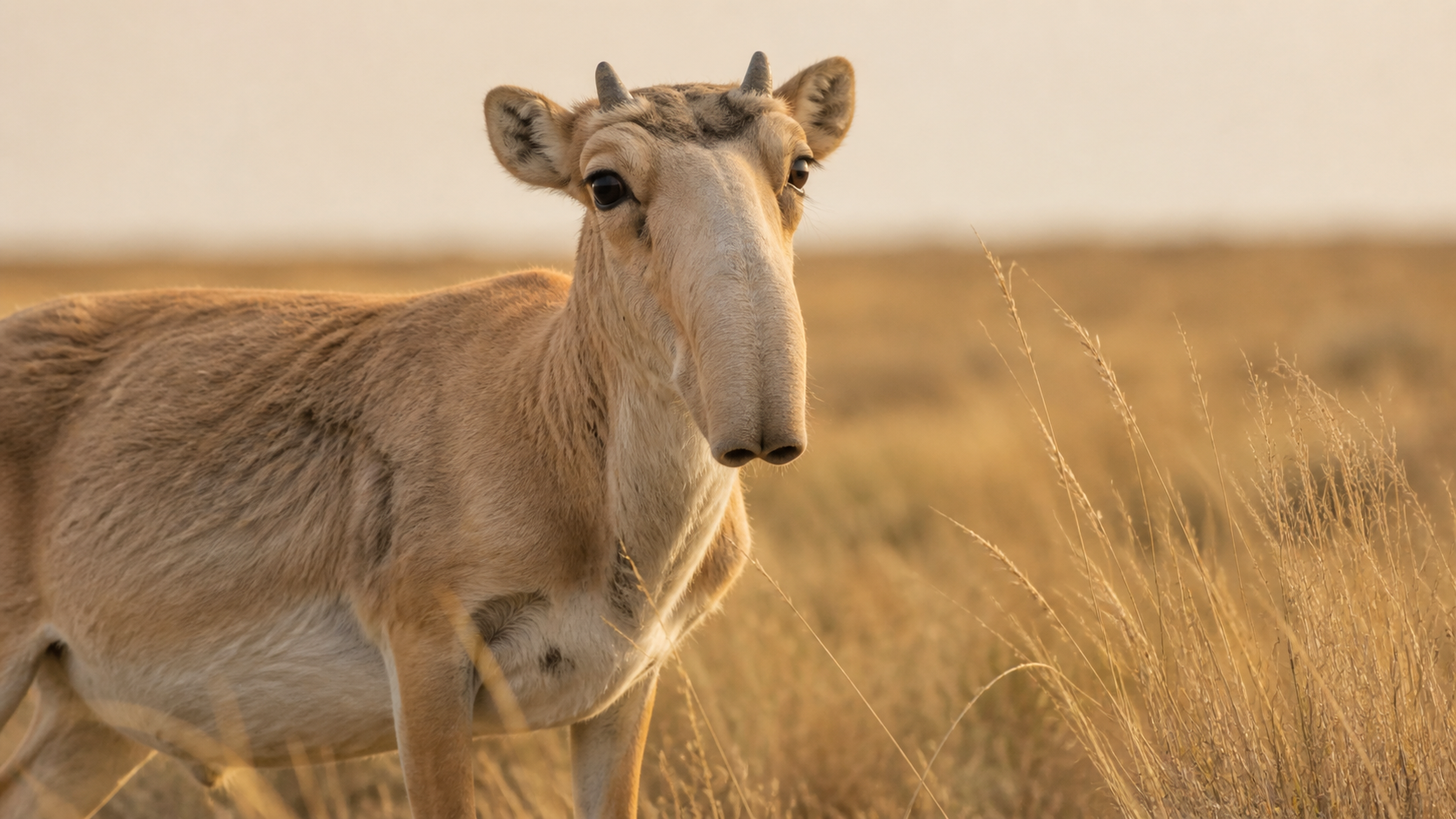 Kazakhstan wildlife: Saiga antelope standing in the open Kazakh steppe.