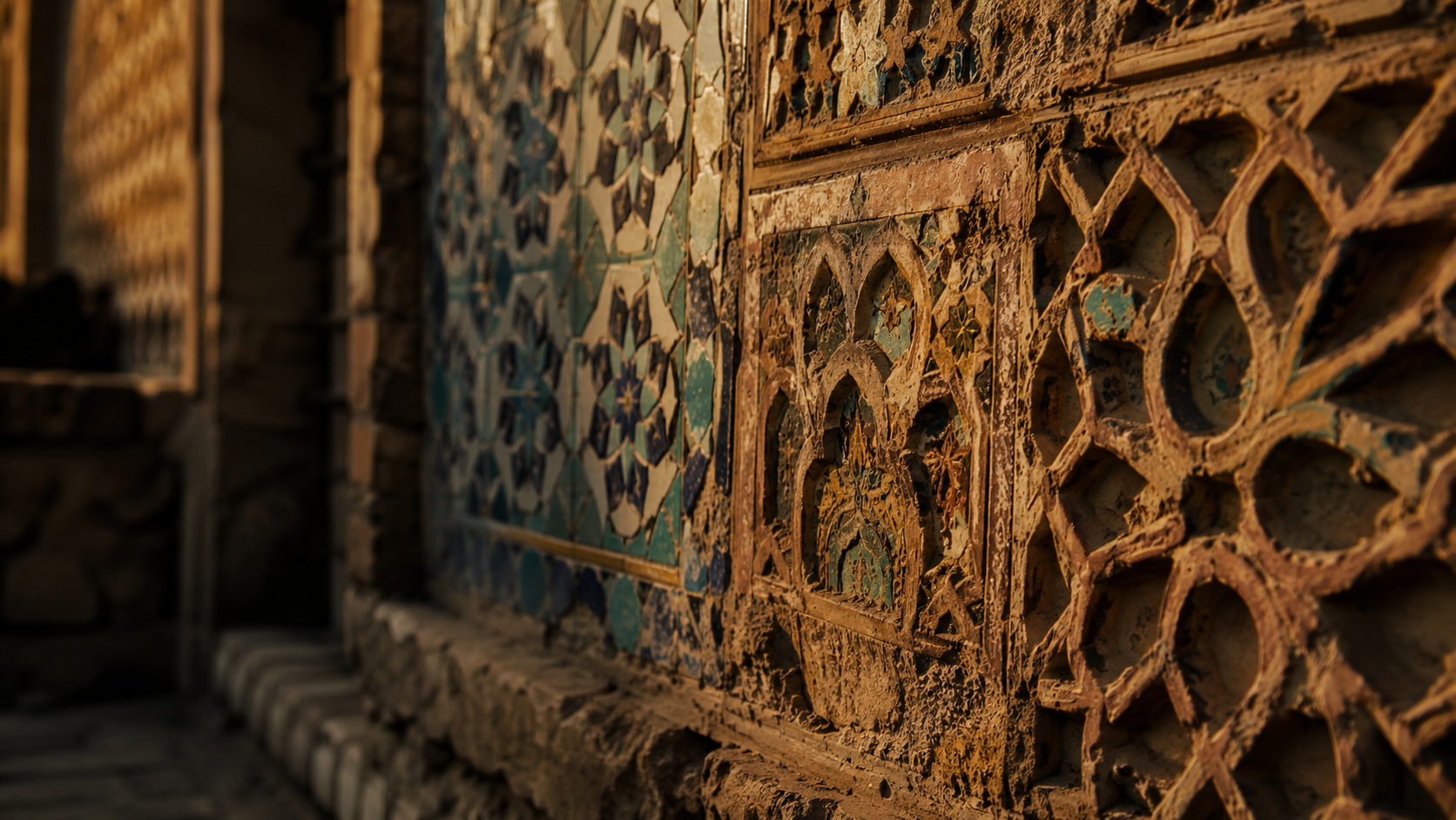 Weathered Silk Road tilework and terracotta pattern in warm low light.