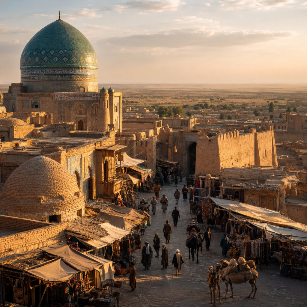 Historic Silk Road city in Kazakhstan with turquoise dome, ancient walls, market life, and steppe horizon.