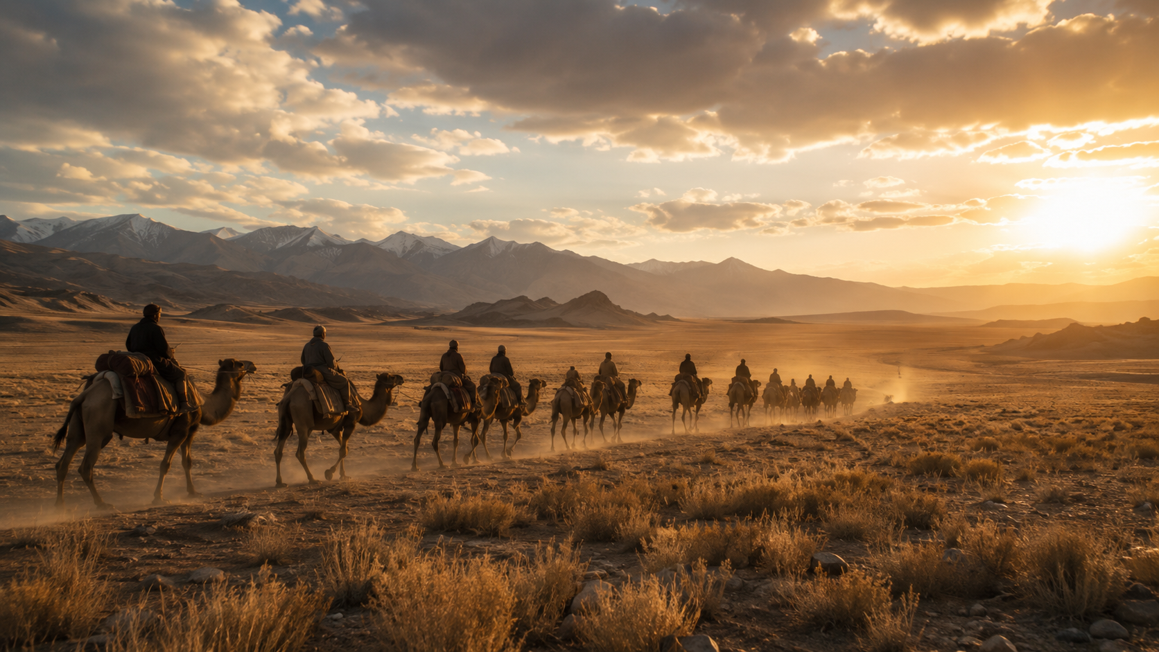 Silk Road cities: Ancient Silk Road route crossing Kazakhstan’s open steppe with distant caravan silhouettes.