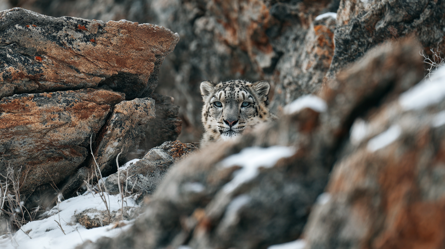 Kazakhstan wildlife: Snow leopard partly hidden among rocks and snow in a Kazakh mountain valley.