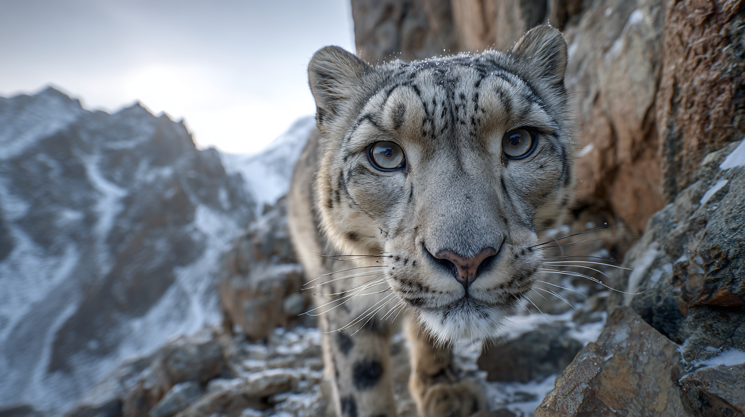 Kazakhstan wildlife: Snow leopard standing on a remote rocky ridge in Kazakhstan’s high mountains.