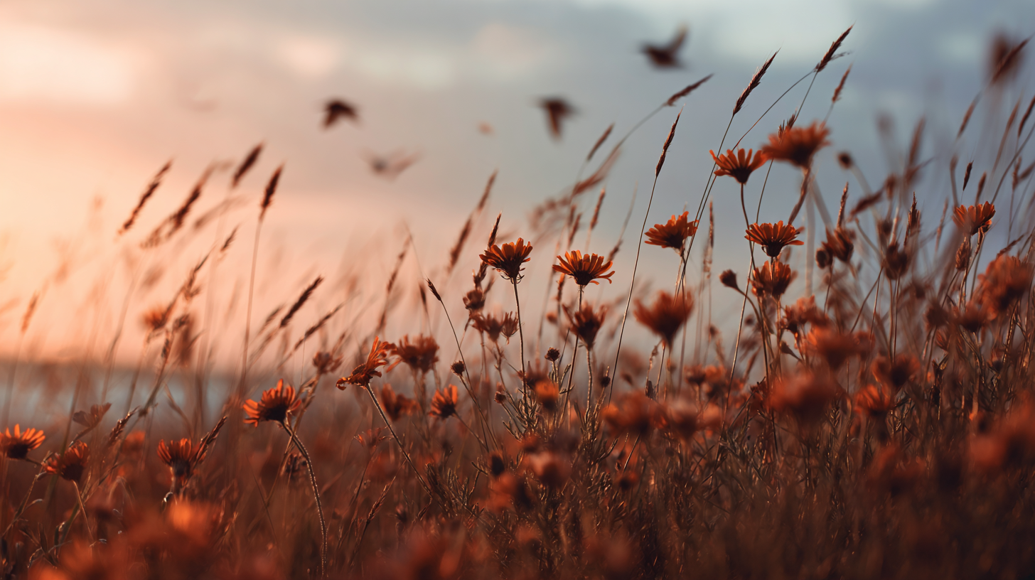 Kazakhstan wildlife: Wildflowers and feather grass in Kazakhstan with birds crossing the evening sky.