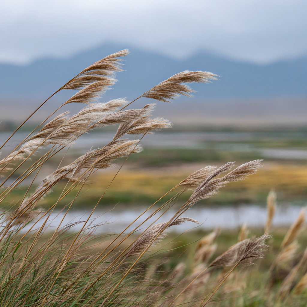 Feather grass in the Kazakh steppe with distant mountains and wetland light behind.