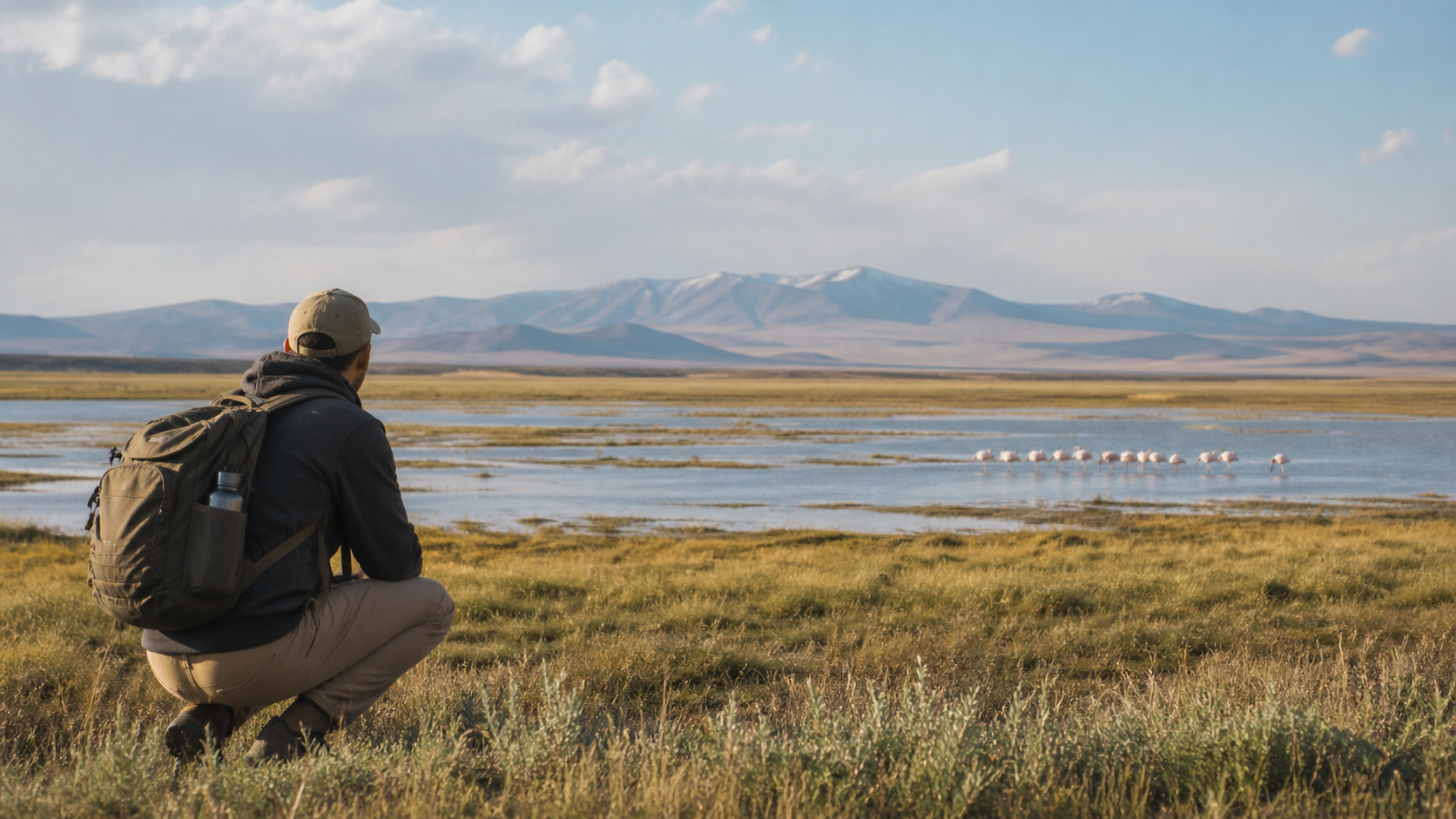 Traveler quietly observing Kazakhstan wildlife from a respectful distance.