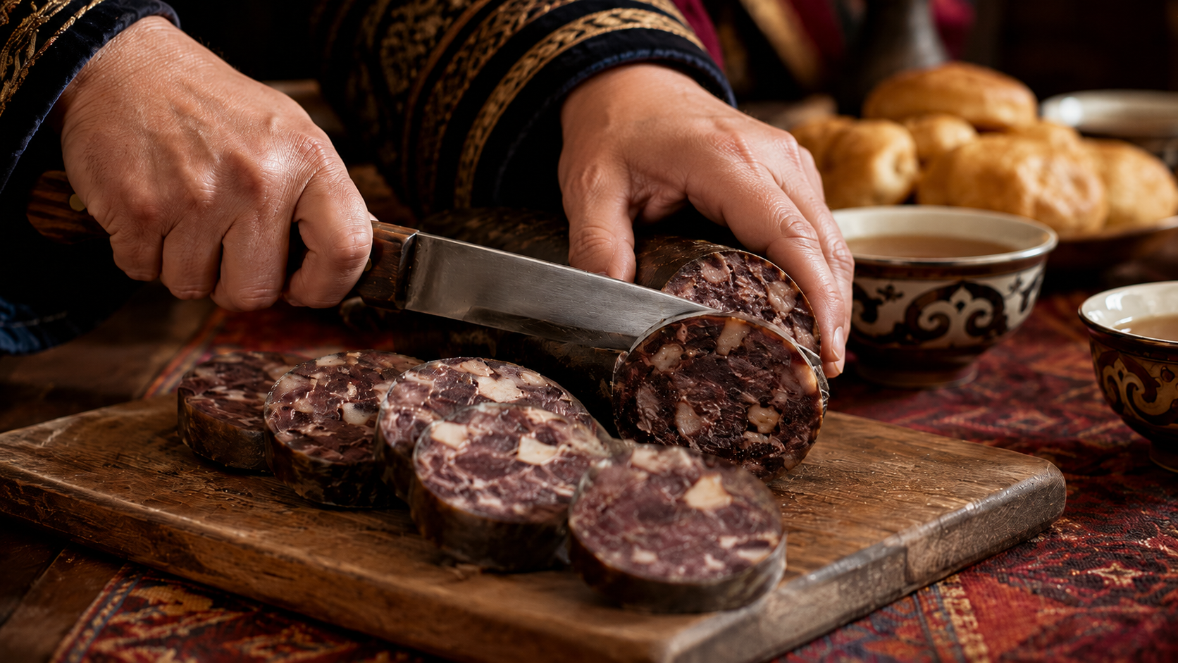 Horse meat sausage being sliced for a Kazakh celebration table.