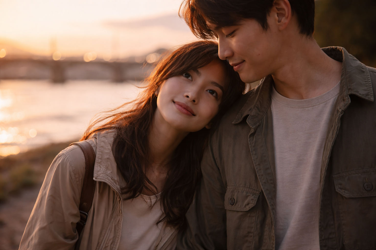 Soft close-up of faces during a calm riverside golden-hour walk.