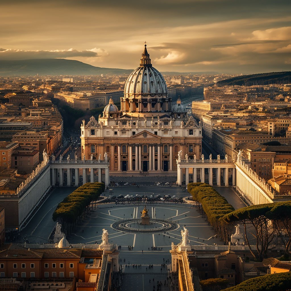 An aerial shot of Vatican City, with St. Peter's Basilica and the surrounding architecture forming a stunning view.