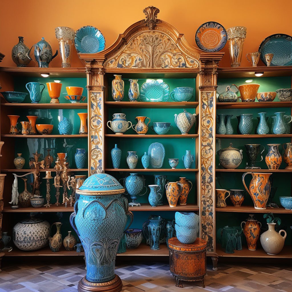 A montage of Venetian glass, Florentine leather, and Sicilian ceramics in a vibrant display of Italian craftsmanship.