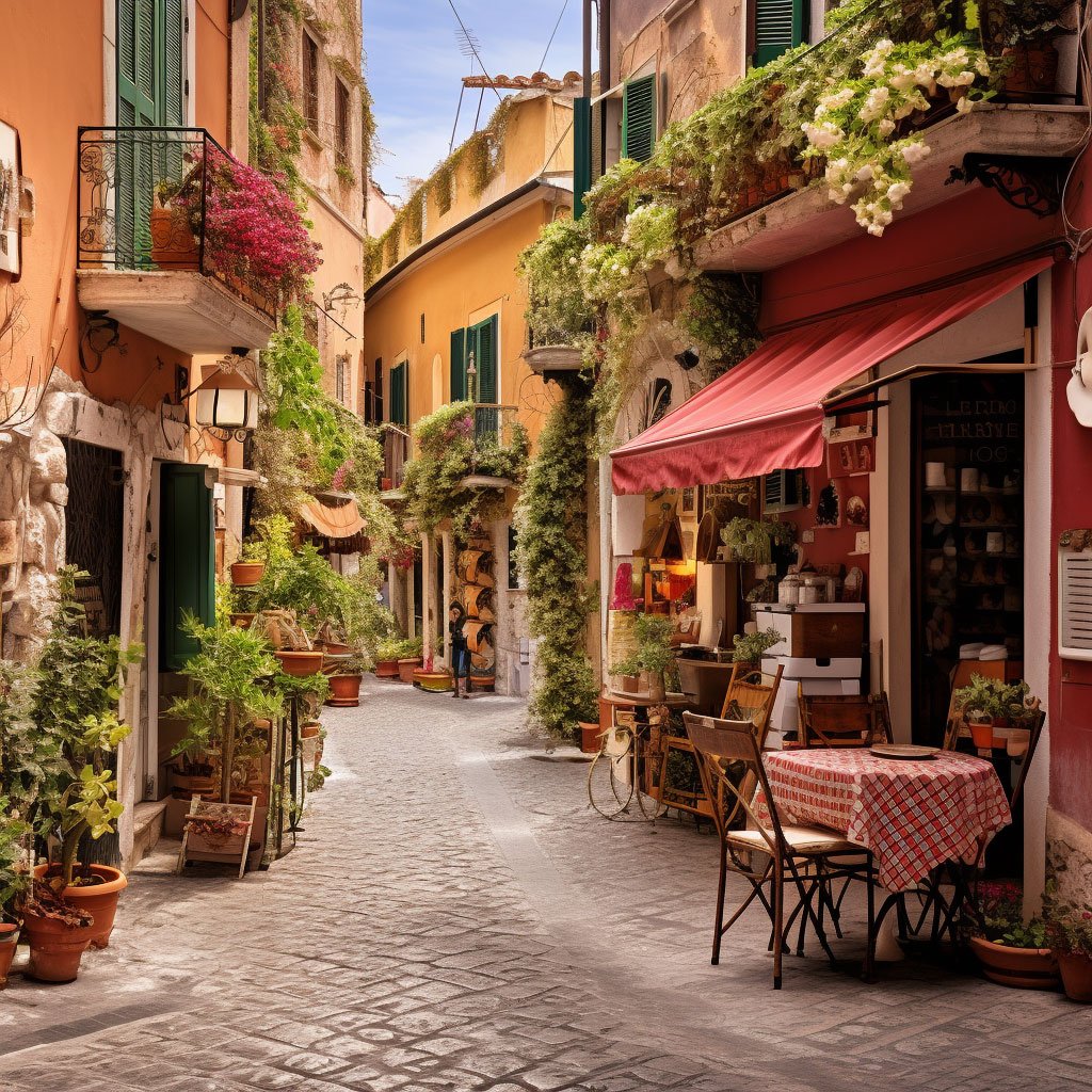 A picturesque Italian street scene, with a signboard displaying Italian words.