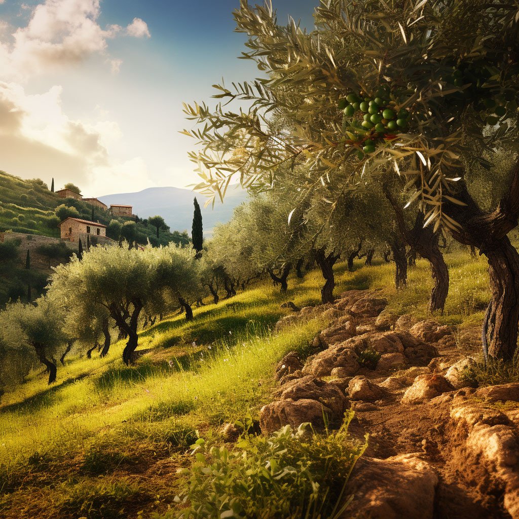 A scenic view of a local vineyard or olive grove, representing sustainable agricultural practices in Italy.