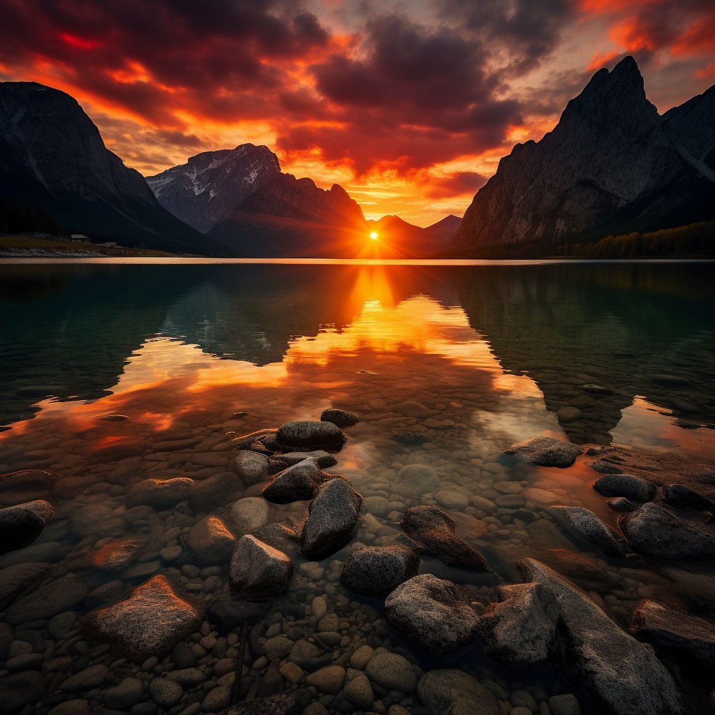 A spectacular sunset shot capturing the essence of Italian outdoors - a silhouette of mountains against the vibrant hues of the setting sun, reflecting off a calm lake.