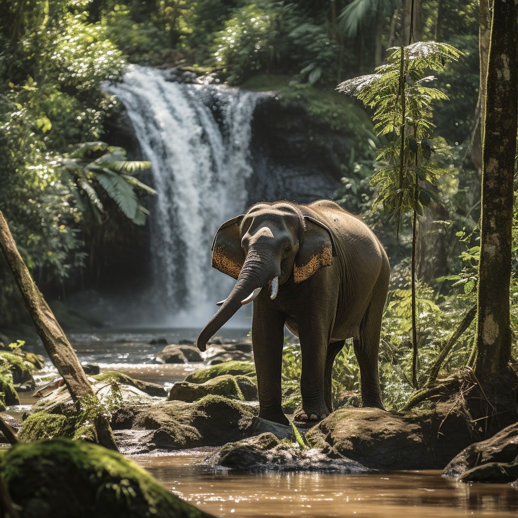 An Asian elephant in the forest; a vibrant waterfall in Khao Yai; a panoramic view of the national park.