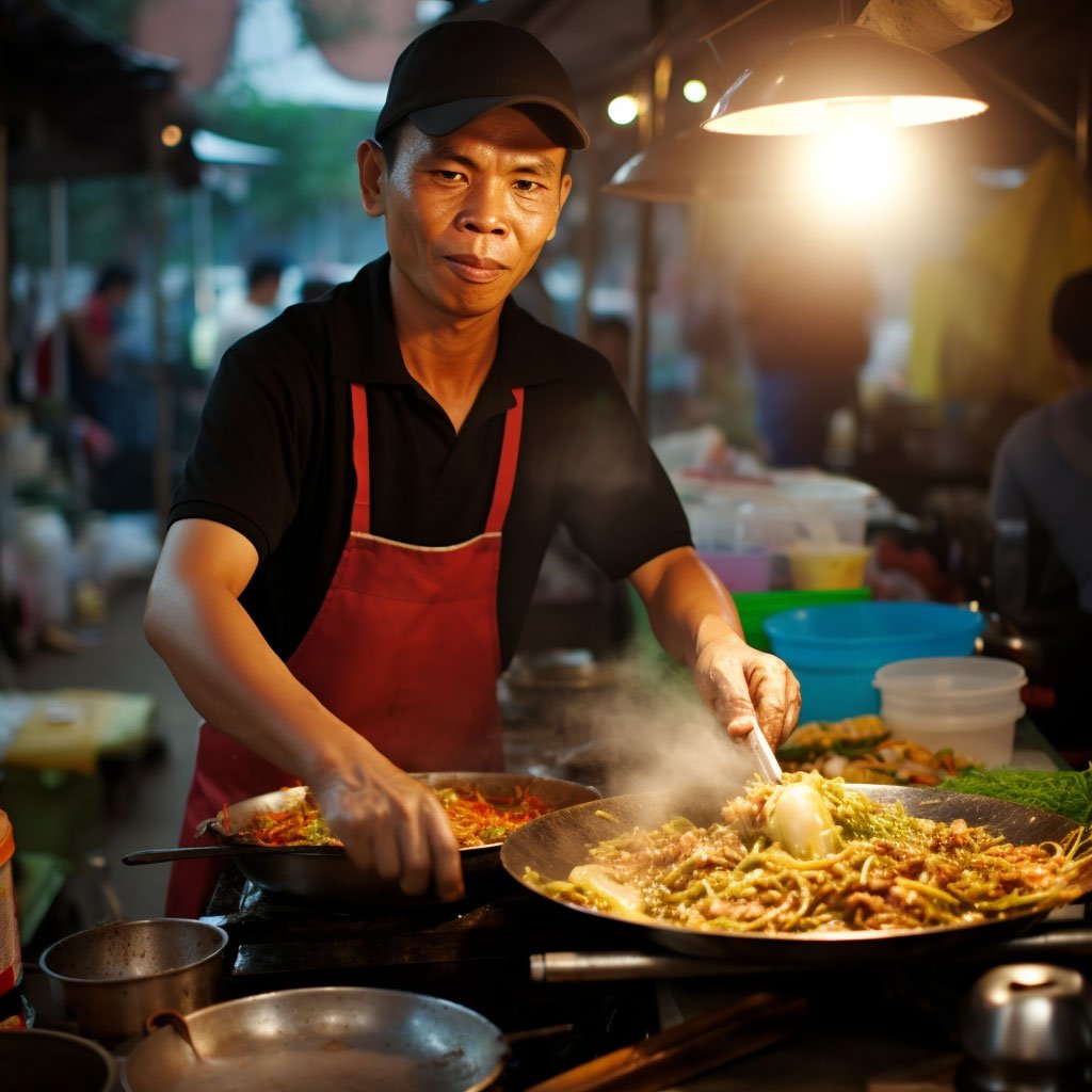 Street food vendors preparing Pad Thai; a plate of Som Tam.