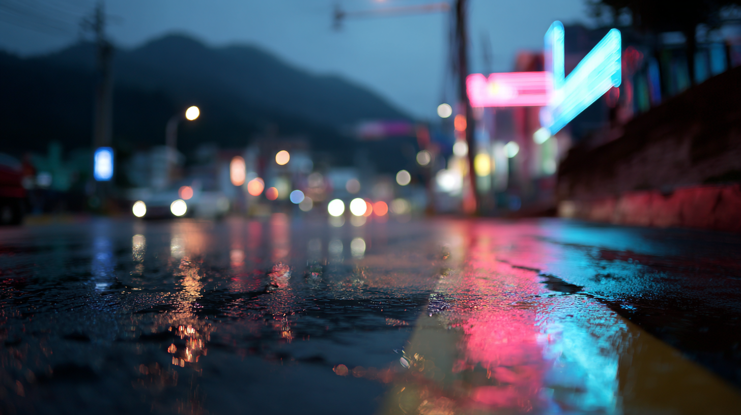 Neon reflections on wet street with mountains faintly behind.