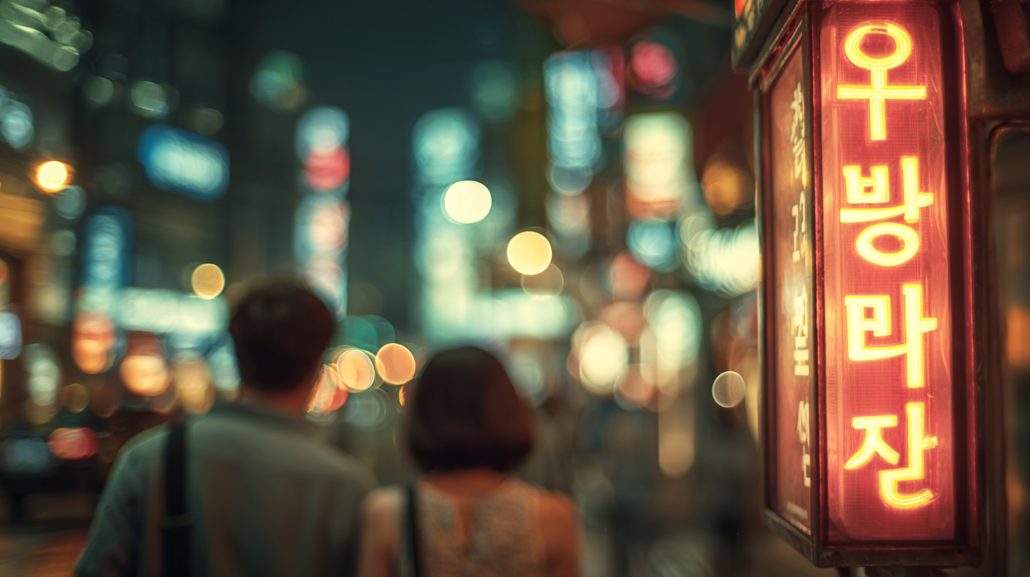 Close-up of glowing hangul sign with blurred commuters.