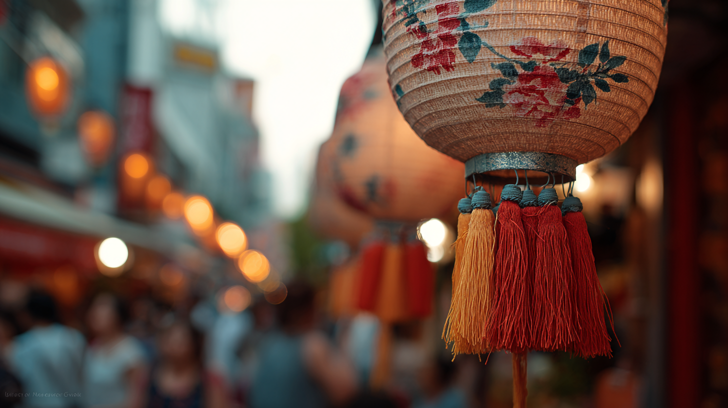 Close-up of lantern fabric and tassels in evening light.