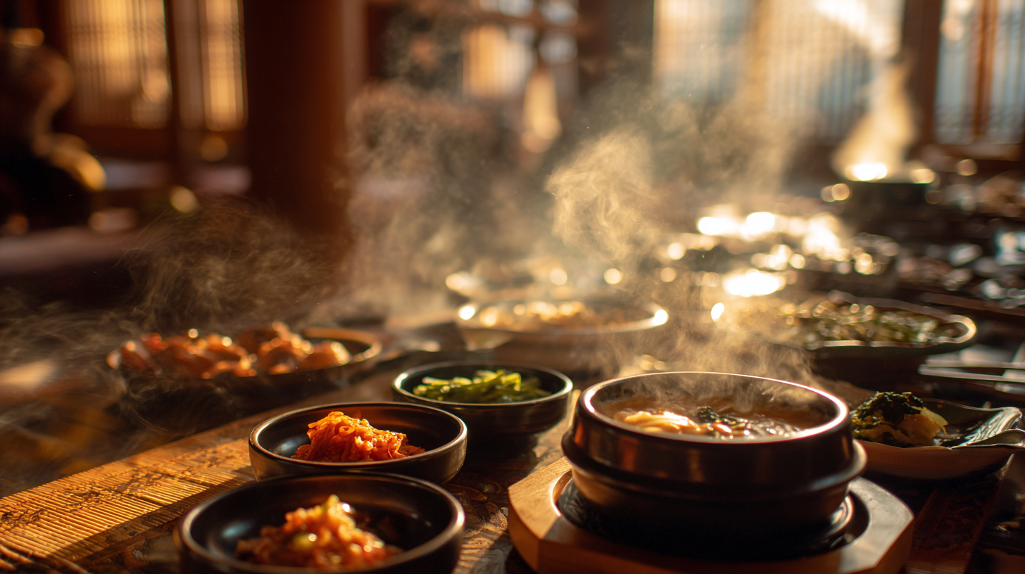 Close-up of banchan dishes on a Korean table with warm light.