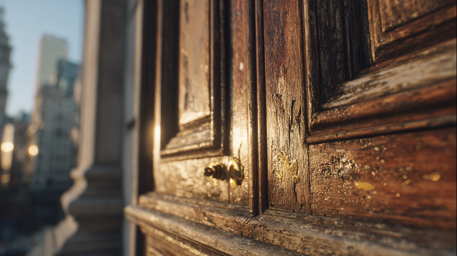 Close-up of an old palace door detail with modern city blur.