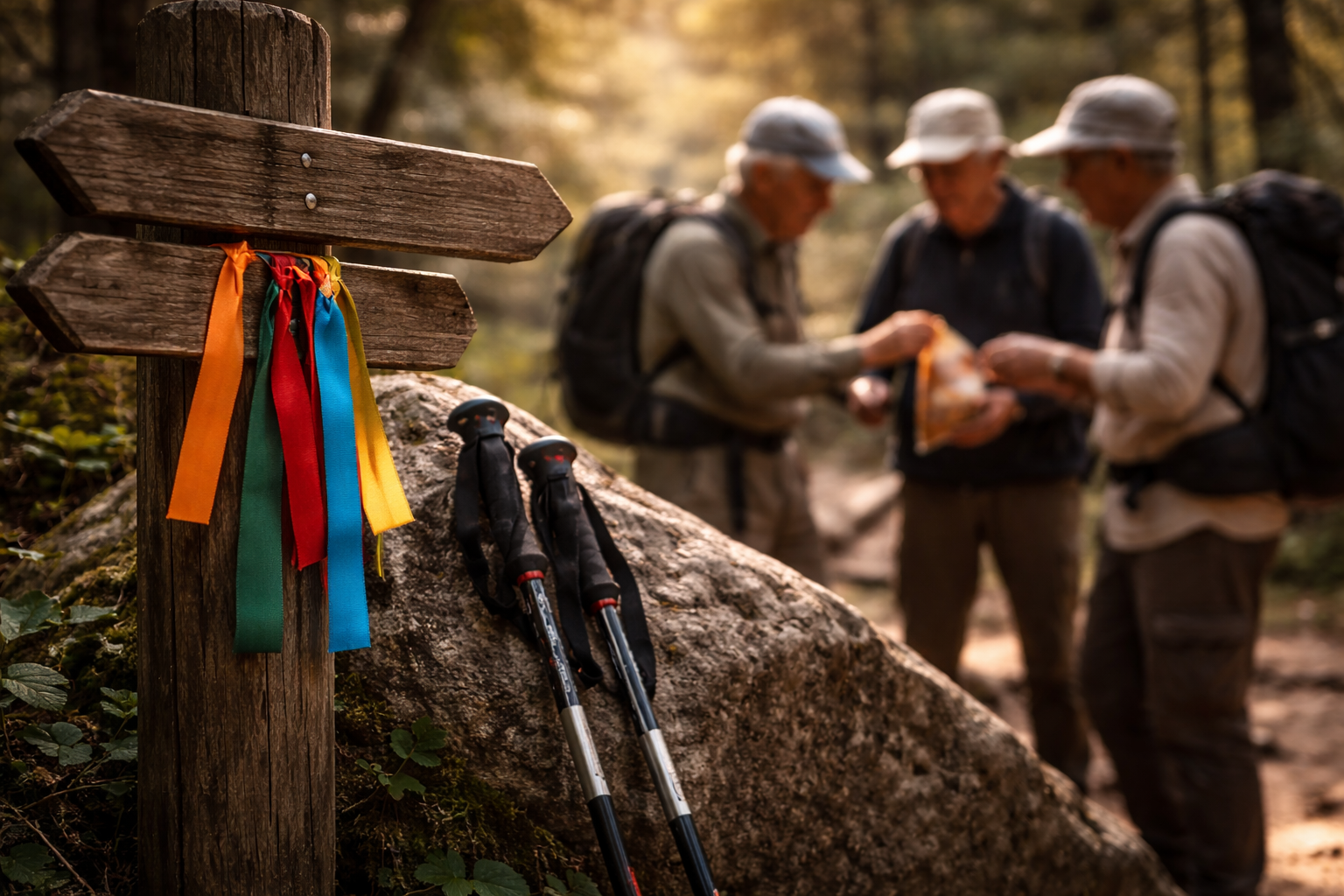 Hiking in South Korea: Trailhead markers and hiking gear with hikers blurred behind.