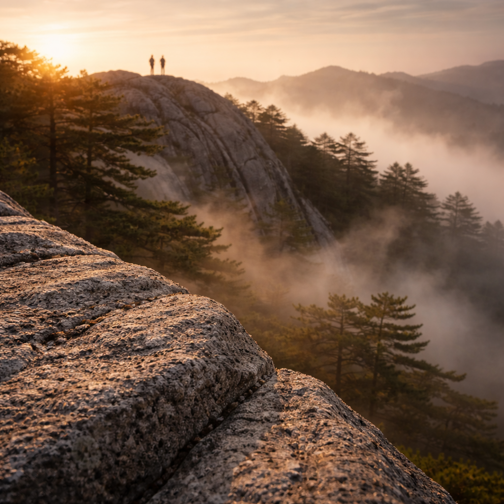 Granite ridge at sunrise with mist and tiny hikers in the distance.