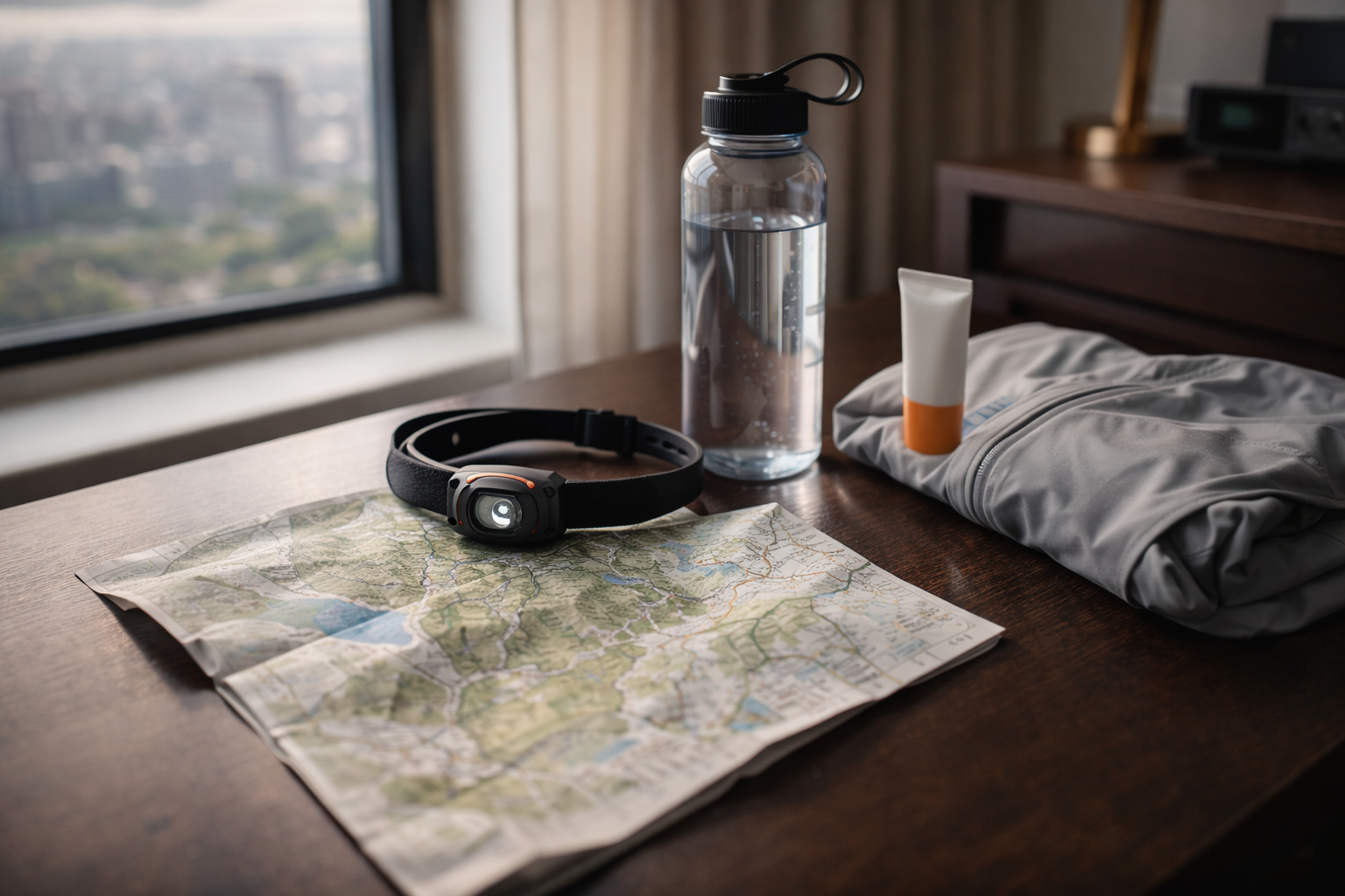 Neat hiking day packing layout with essentials in morning light.