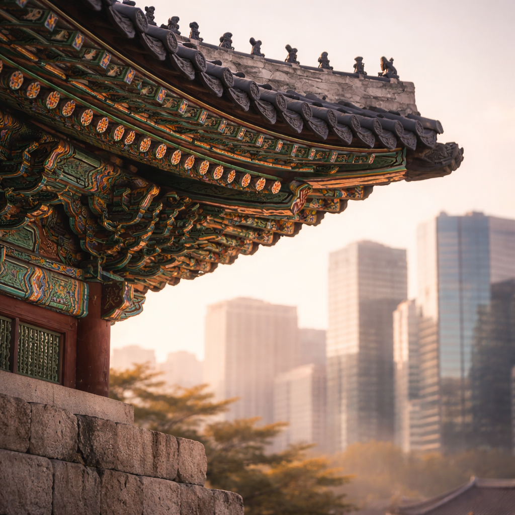Palace eave details in focus with modern Seoul softly blurred behind.