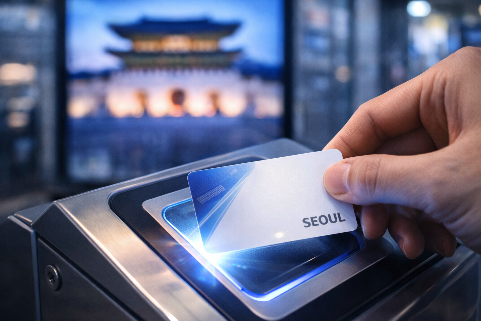 South Korea travel guide – Close-up of a transit card tap with Seoul city blur behind.