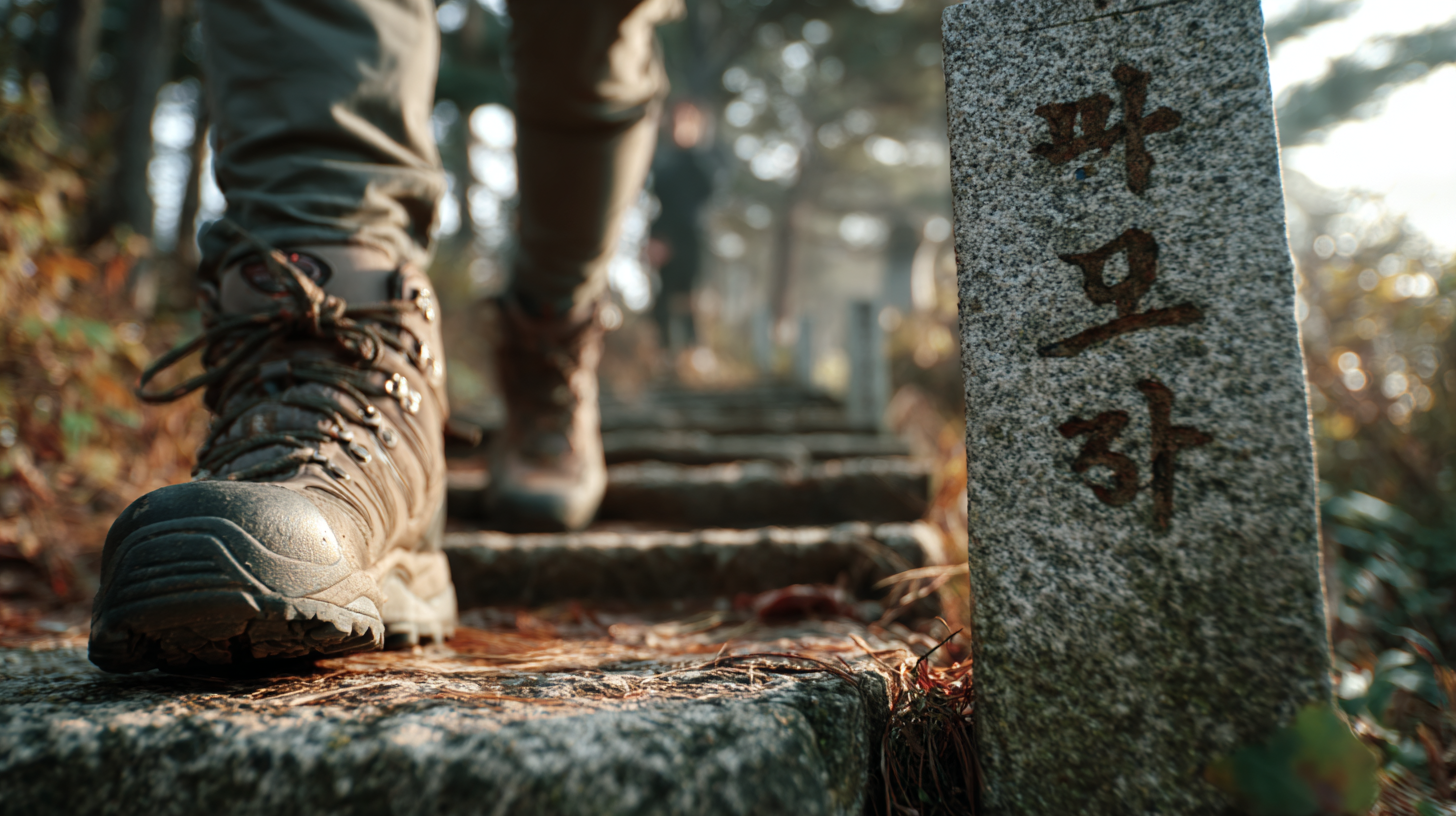 Close-up of hiking boots on granite steps with trail marker.