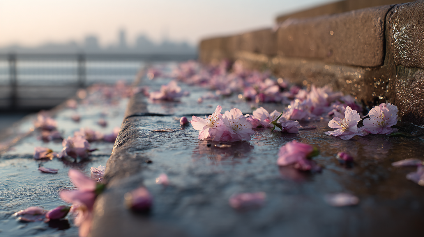 Cherry blossom petals on wet stone steps in soft light.