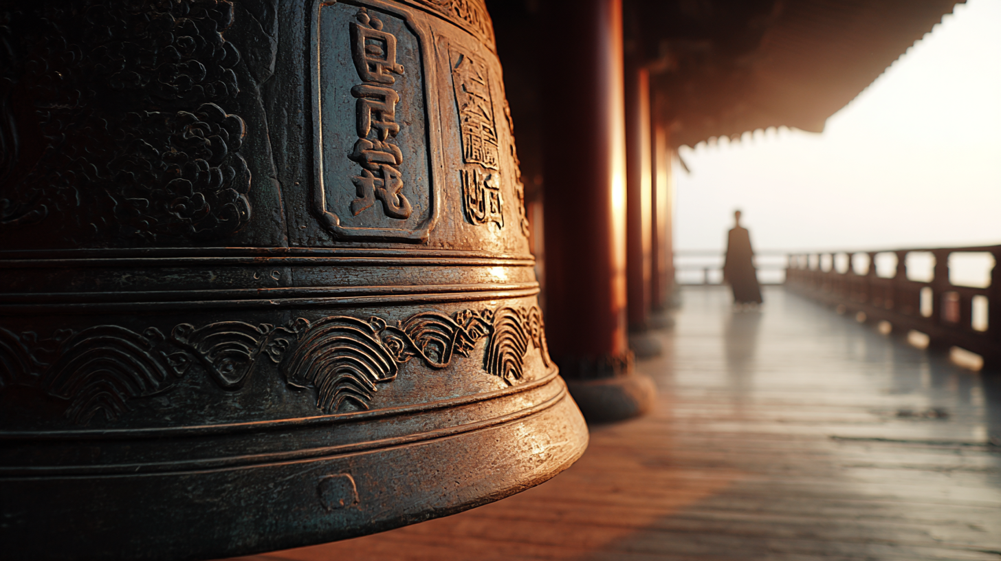 Close-up of a Korean temple bell in soft morning light.