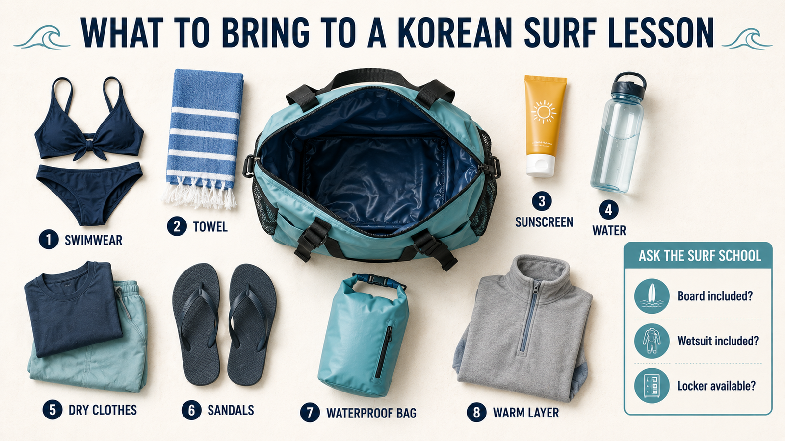 Packing list for a surfing lesson in South Korea