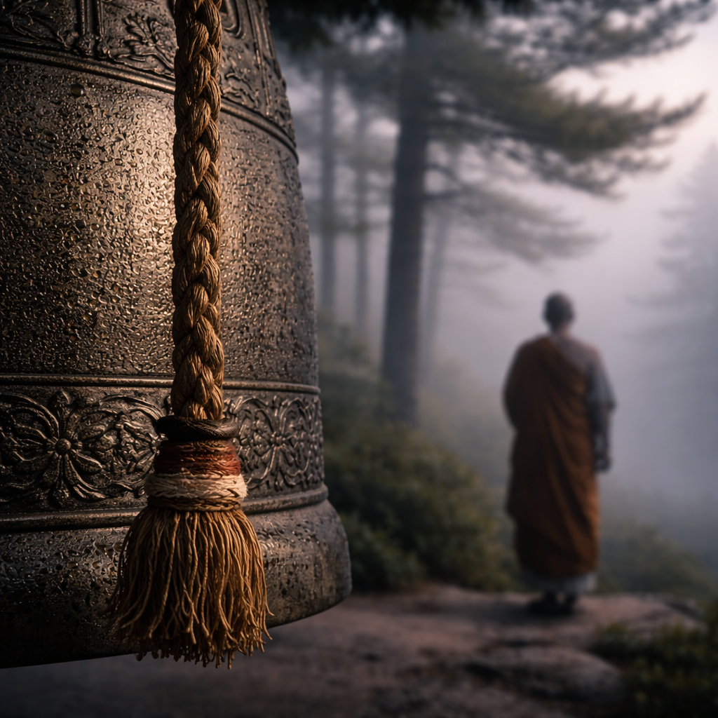 Temple bell rope and bronze bell detail in misty dawn light.