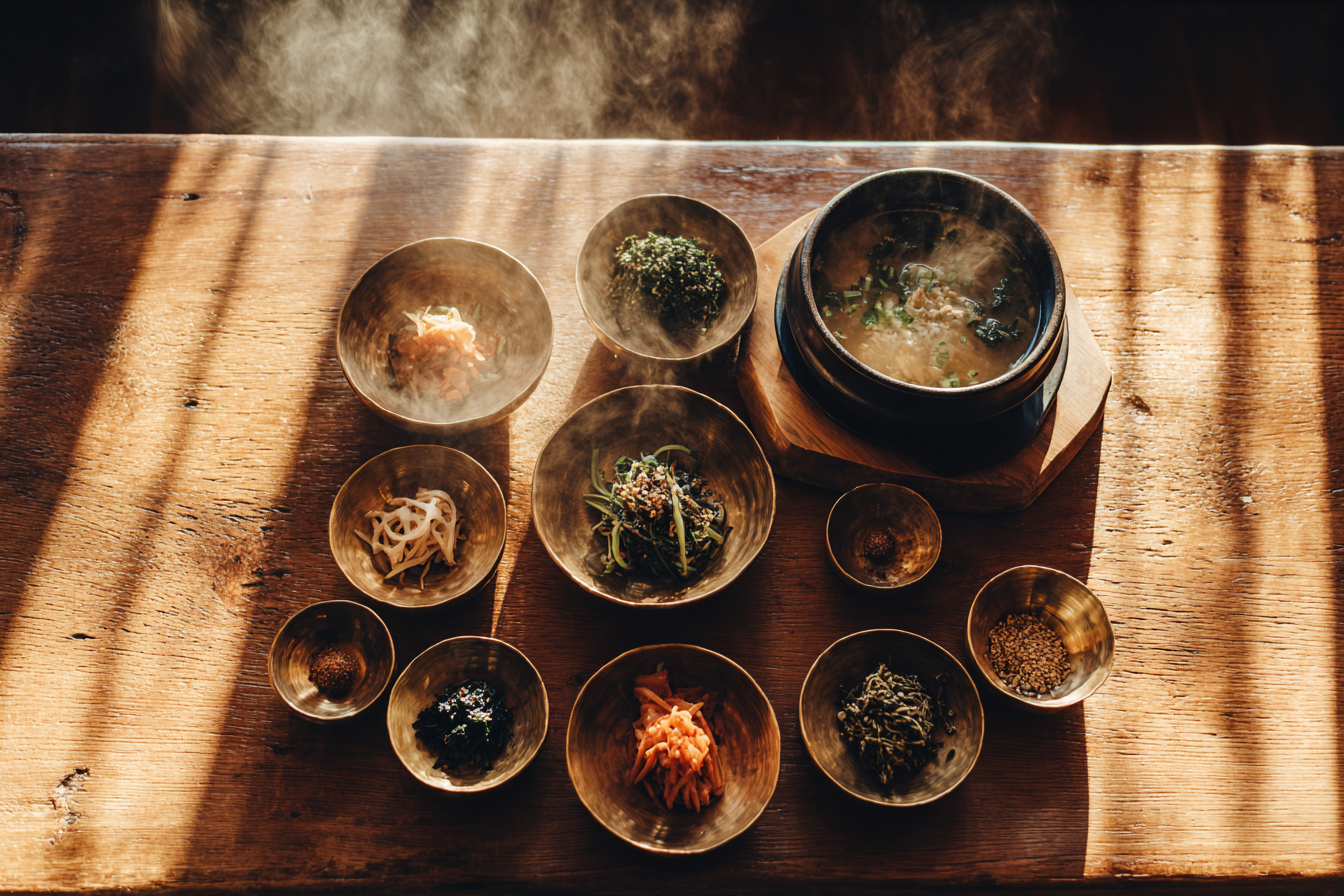 A sizzling hot stone bowl of Bibimbap with colorful vegetables and an egg yolk, representing healthy Korean cuisine.