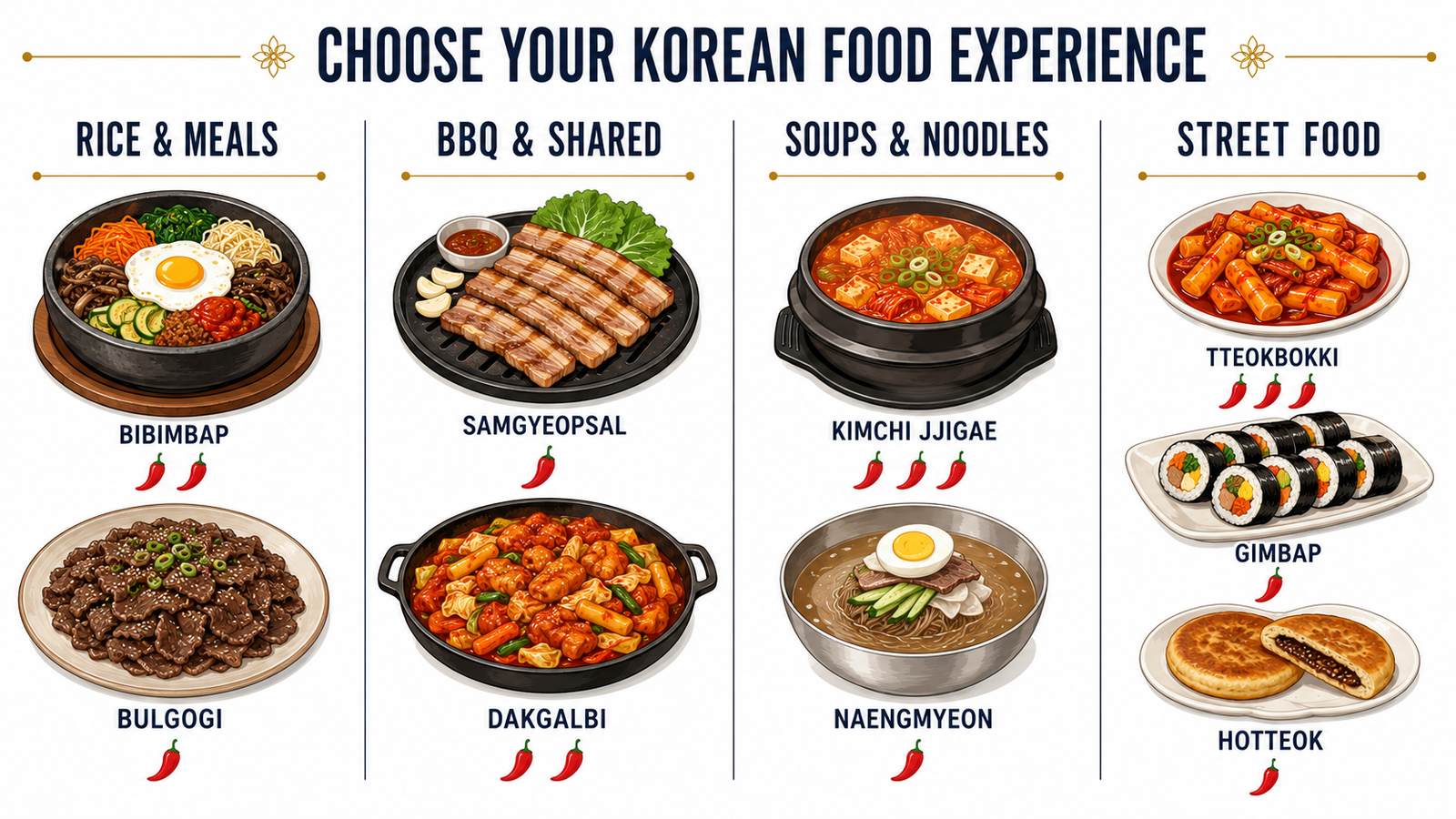 Korean dishes grouped by type and spice level