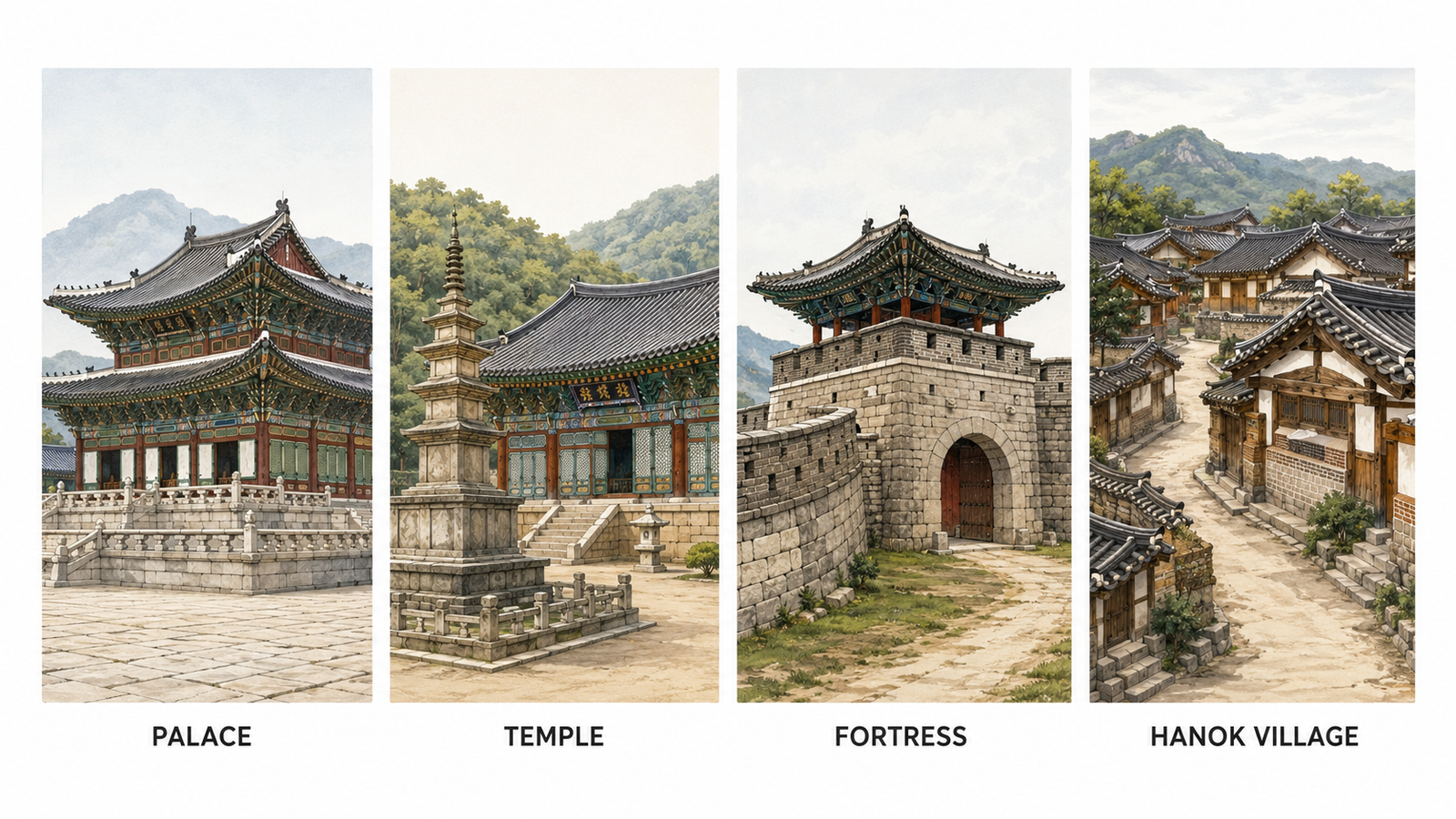 Comparison of Korean palace, temple, fortress and hanok architecture