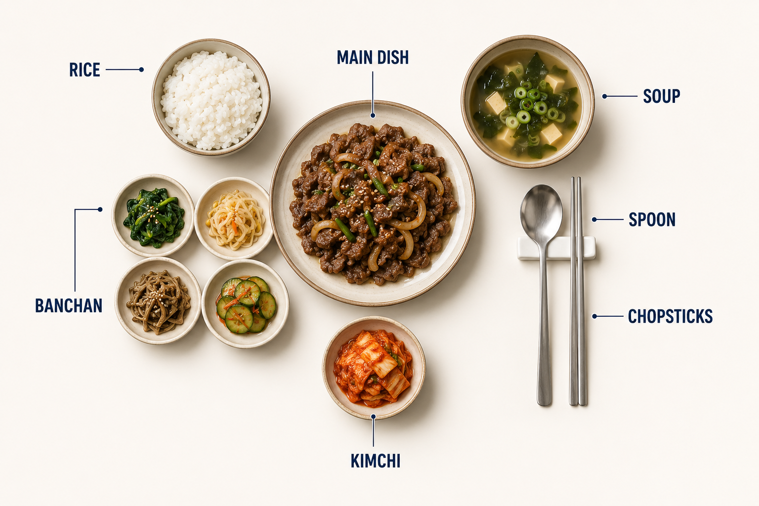 Korean meal table with rice soup main dish and banchan