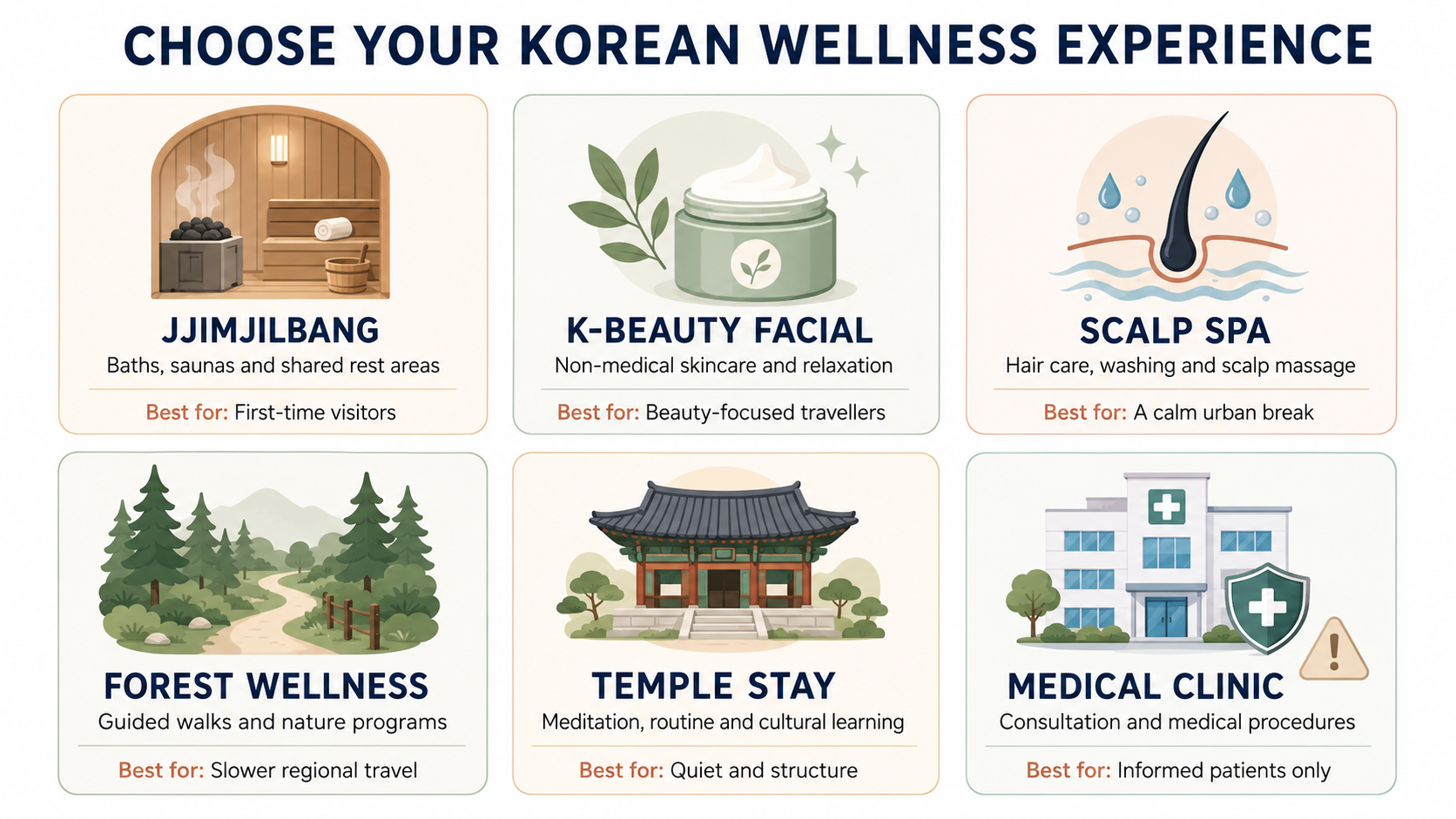 Comparison of six South Korea wellness experiences: jjimjilbang, facial, scalp spa, forest program, temple stay and medical clinic.