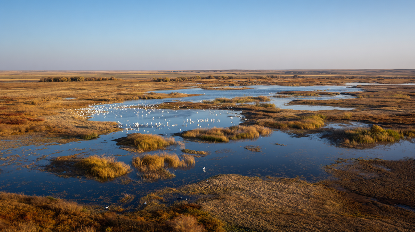 Korgalzhyn Nature Reserve with shallow lakes, reed beds, and birds across the water.