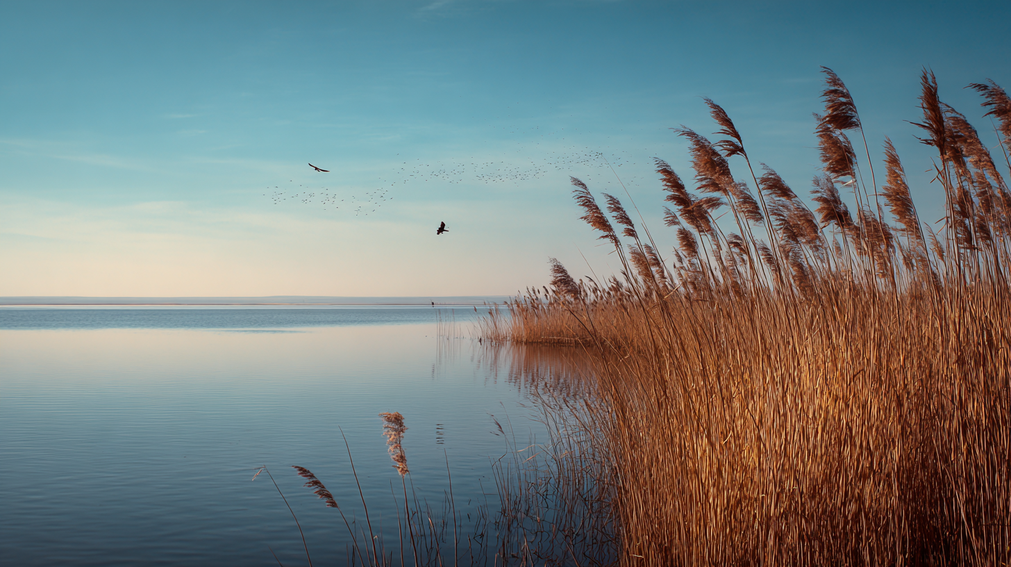Reed-filled lake in the Kazakh steppe with distant migratory birds.