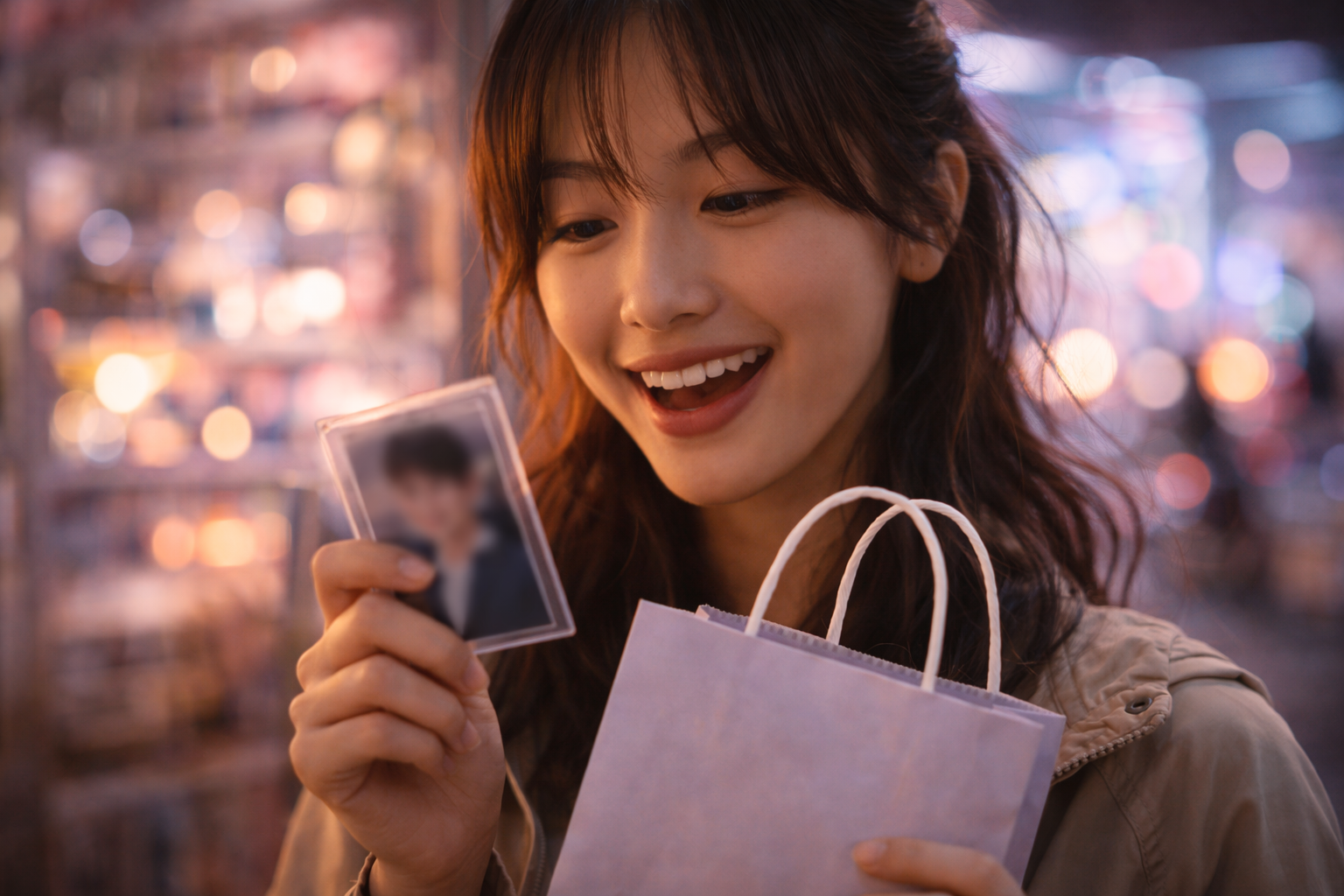 Fan’s delighted face in a merch shop glow, holding a small bag.