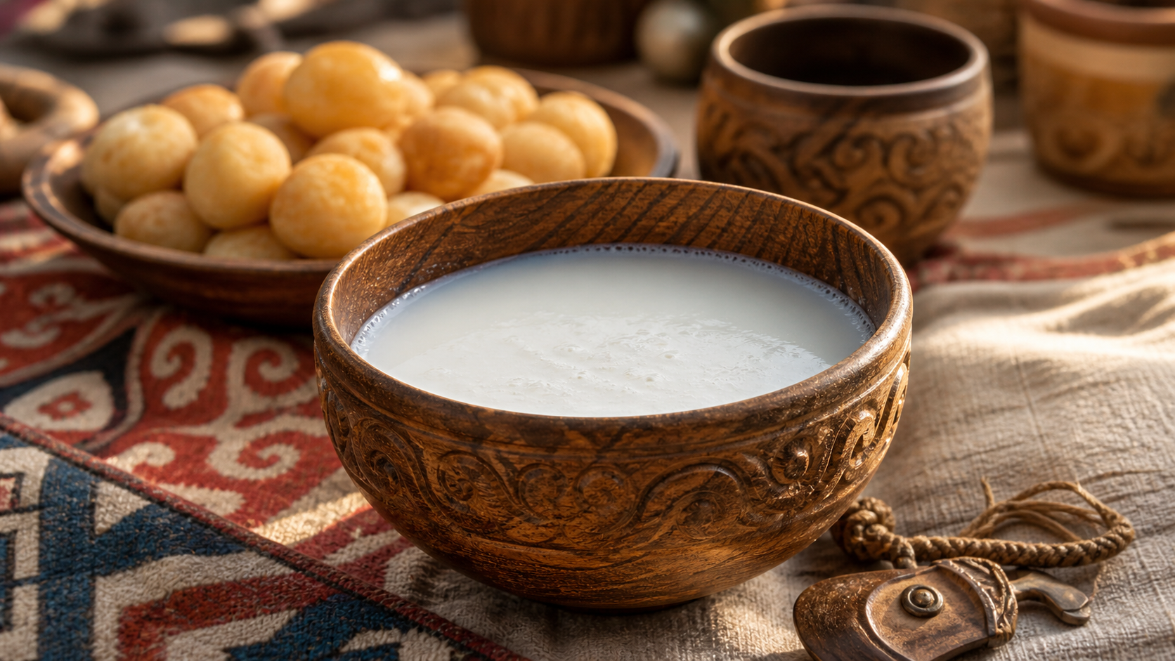 Bowl of kumis on a Kazakh table with traditional textiles.