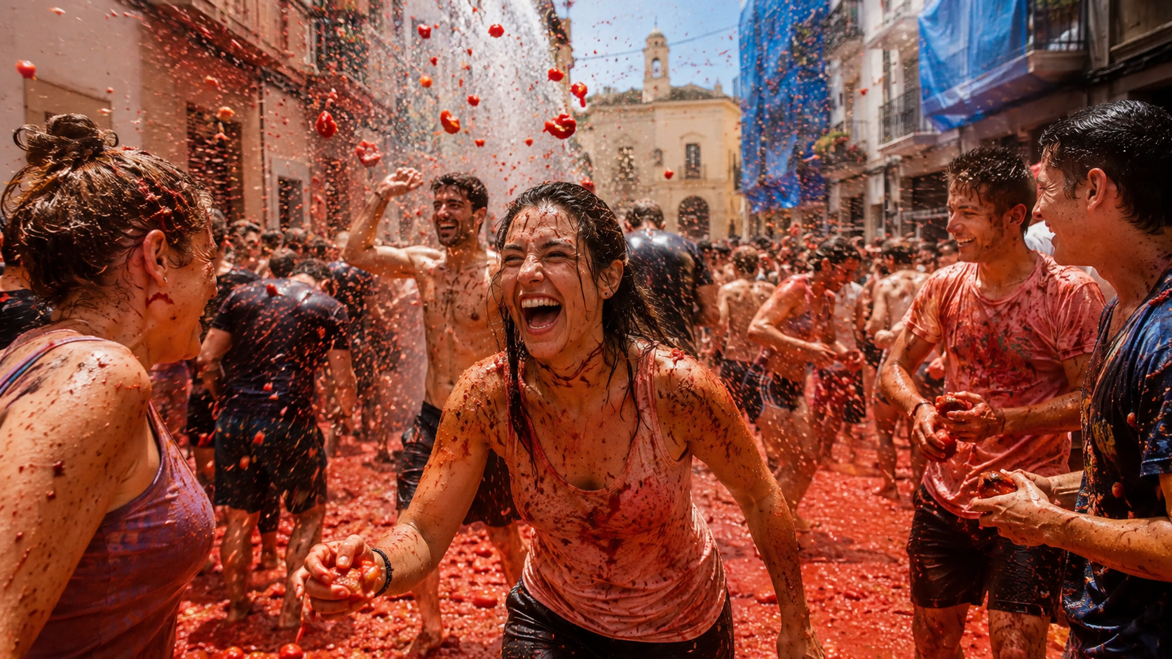 People celebrating La Tomatina in Buñol with tomatoes in a lively street.