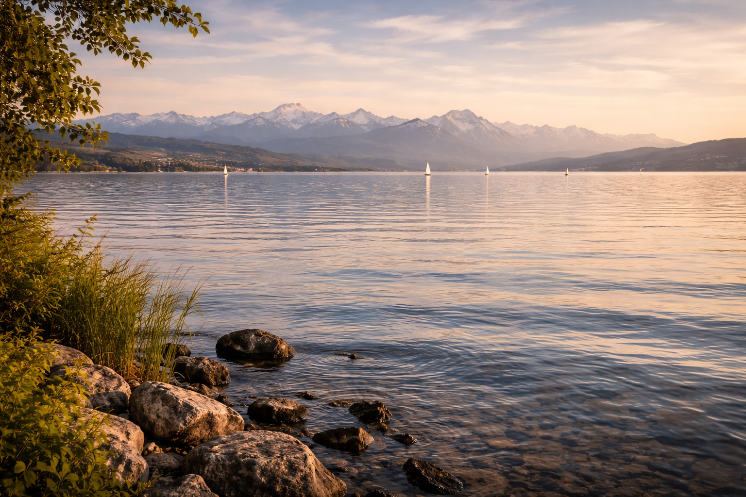 Wide view of Lake Constance with open water and distant Alpine backdrop.