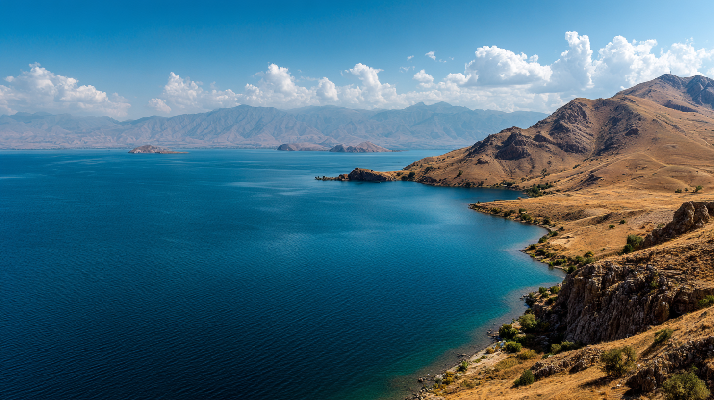 Natural wonders of Turkey: Lake Van in eastern Turkey with deep blue water, volcanic mountains, and Akdamar Island