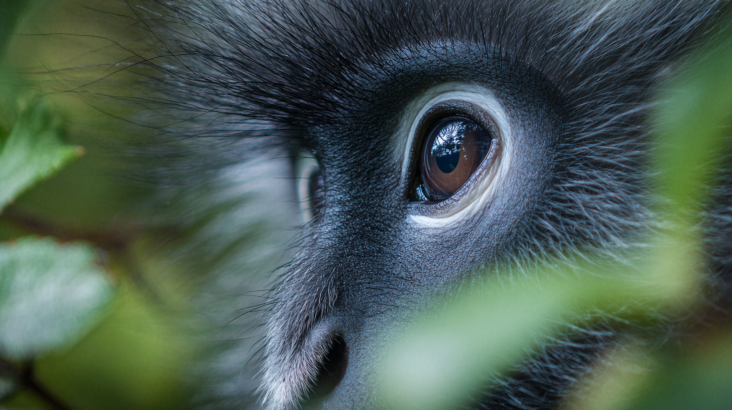Close-up of dusky langur eye with white-rimmed fur.