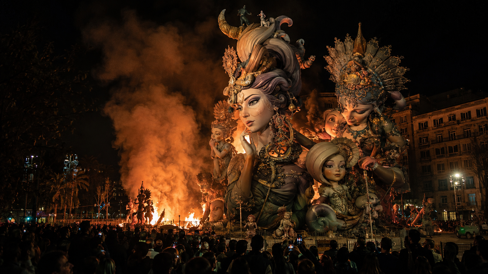 Las Fallas festival in Valencia with giant sculptures and firelight.