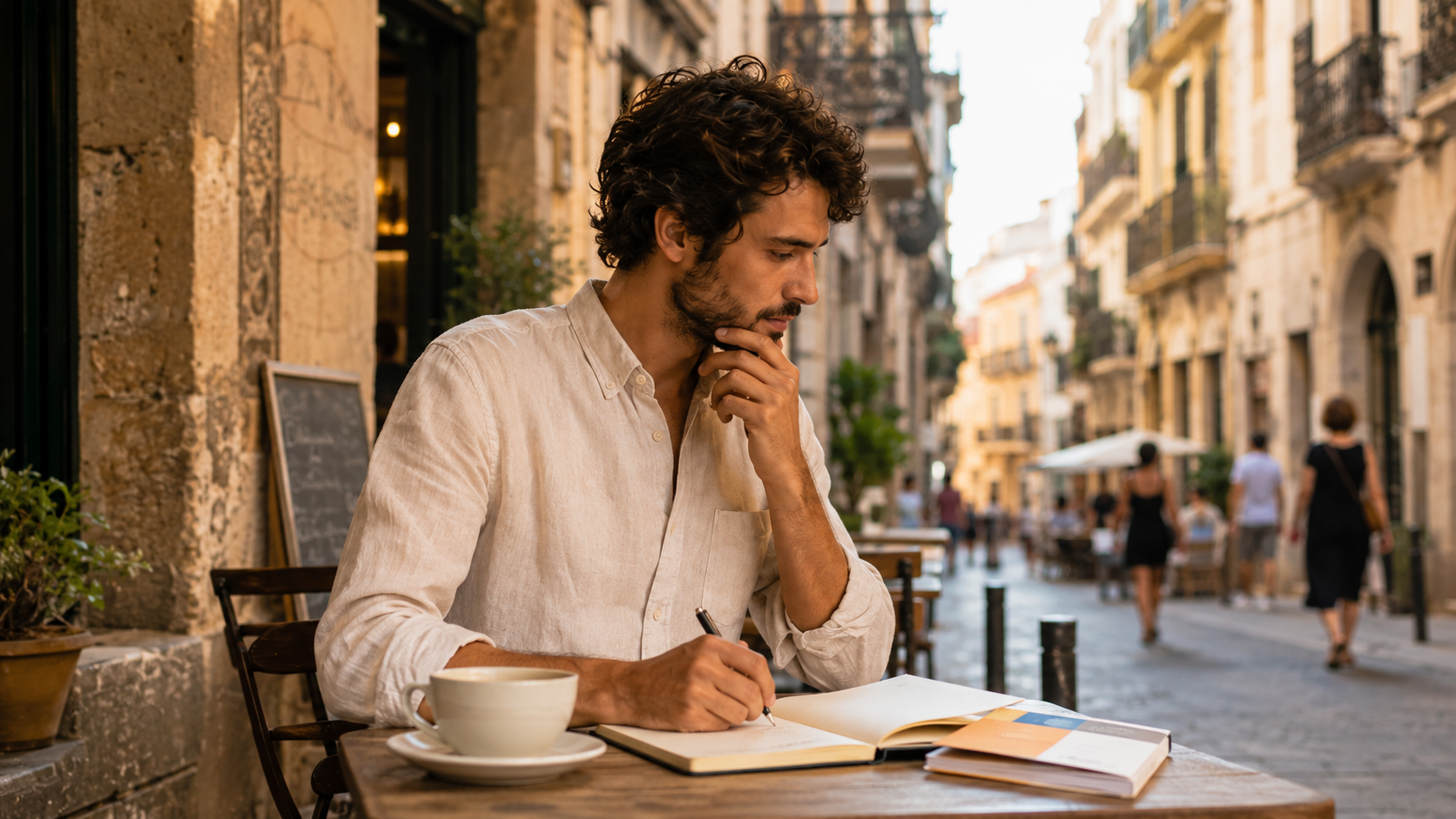 Traveler studying Spanish at an outdoor cafe in Spain with notebook and coffee
